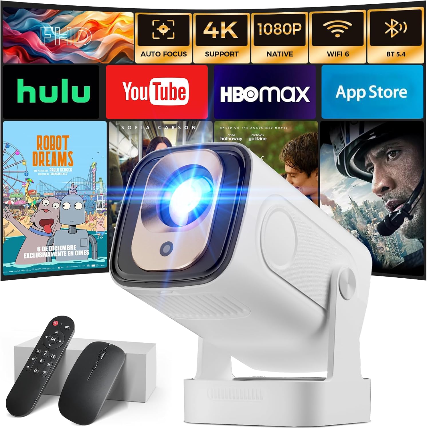 Projector [1080P Native & Auto Focus & 2026 Model & Integrated Apps] 4K Support Mini Projector with WiFi 6 Bluetooth 5.4 Air Remote Projector Portable Compatible with HDMI/TV Stick/Memory Stick/Laptop